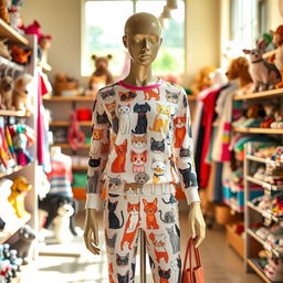 A realistic display featuring a life-sized mannequin dressed in fashionable clothing with eye-catching cat and dog designs