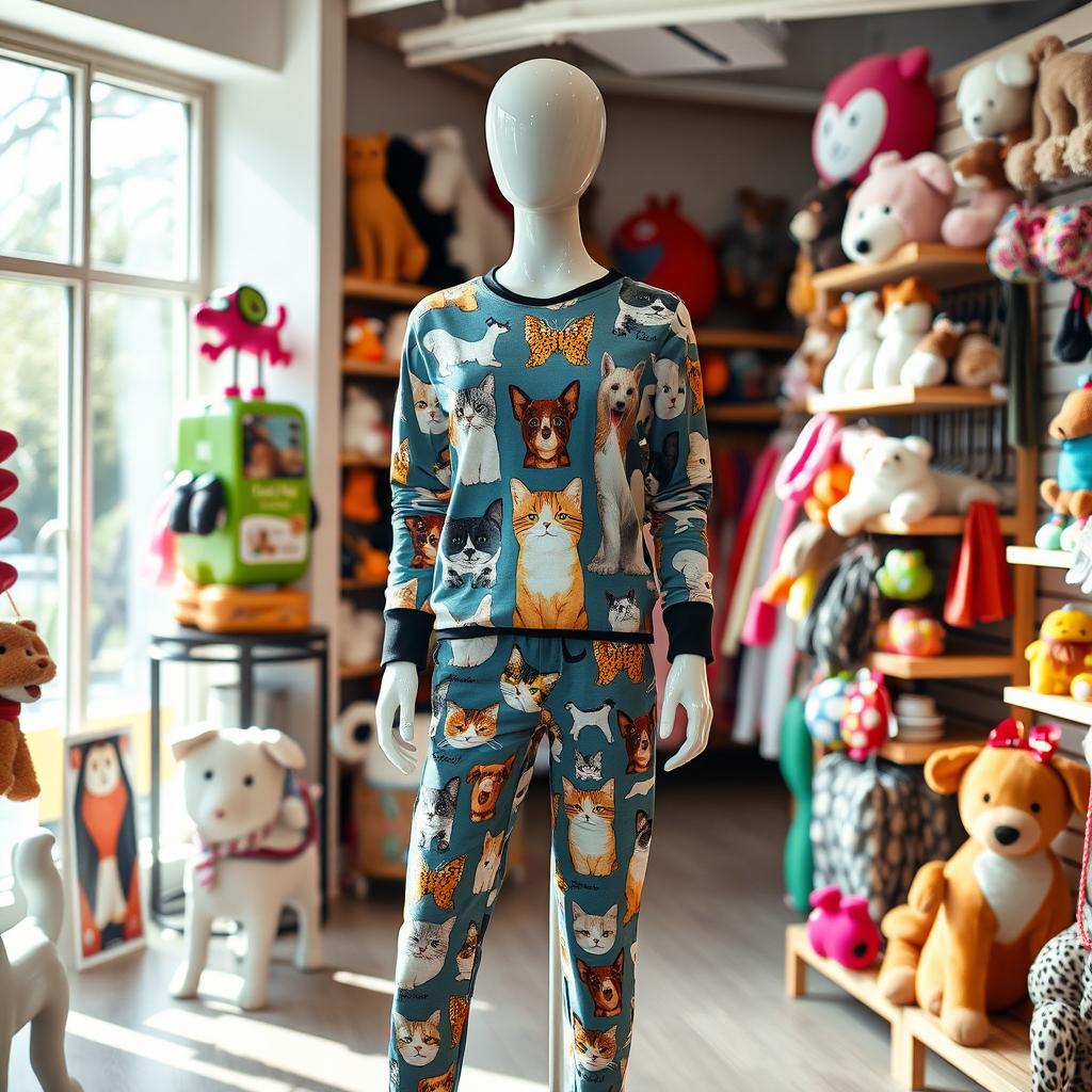 A realistic display featuring a life-sized mannequin dressed in fashionable clothing with eye-catching cat and dog designs