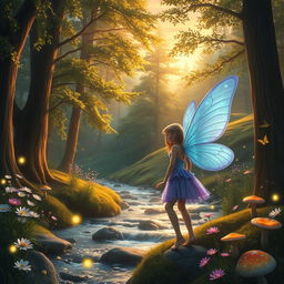 An enchanting forest scene at sunset, featuring an ethereal fairy with delicate translucent wings, shimmering in shades of blue and purple