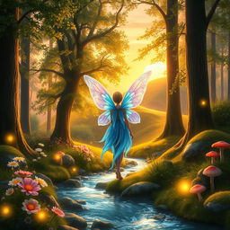 An enchanting forest scene at sunset, featuring an ethereal fairy with delicate translucent wings, shimmering in shades of blue and purple