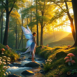 An enchanting forest scene at sunset, featuring an ethereal fairy with delicate translucent wings, shimmering in shades of blue and purple