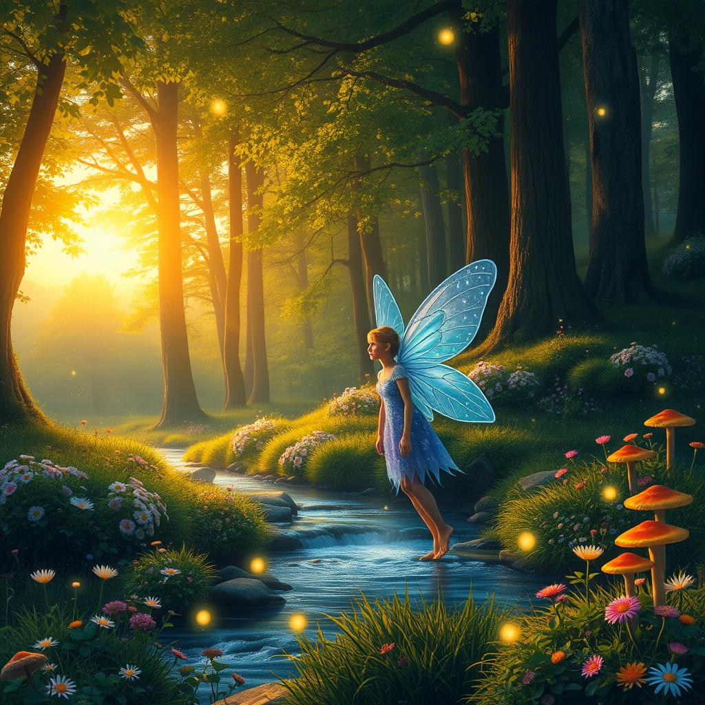 An enchanting forest scene at sunset, featuring an ethereal fairy with delicate translucent wings, shimmering in shades of blue and purple