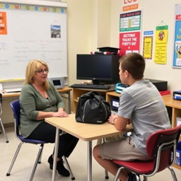 A classroom scene featuring a teacher sitting at a small table, which has a bag on it