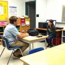 A classroom scene featuring a teacher sitting at a small table, which has a bag on it