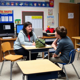 A classroom scene featuring a teacher sitting at a small table, which has a bag on it