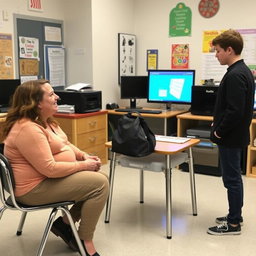 A classroom scene featuring a teacher sitting at a small table, which has a bag on it