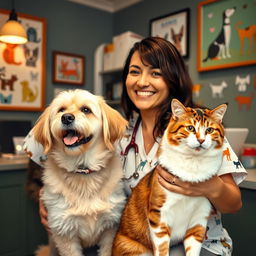 A veterinarian wearing casual yet stylish clothing adorned with playful cat and dog designs, interacting warmly with a dog and a cat