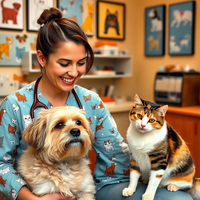 A veterinarian wearing casual yet stylish clothing adorned with playful cat and dog designs, interacting warmly with a dog and a cat