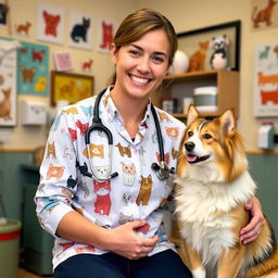 A veterinarian wearing casual yet stylish clothing adorned with playful cat and dog designs, interacting warmly with a dog and a cat