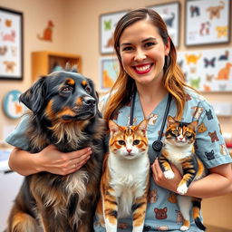 A veterinarian wearing casual yet stylish clothing adorned with playful cat and dog designs, interacting warmly with a dog and a cat