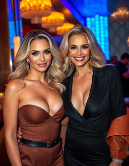 Two sexy and confident Arab blonde slim lesbian women, both aged 40, displaying their enormous silicon boobs