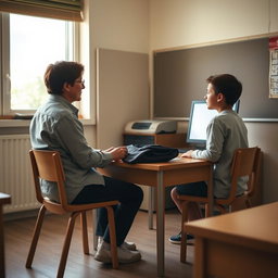 A cozy classroom scene featuring a teacher sitting at a small wooden table, with a backpack resting on the table