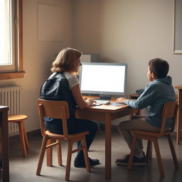 A cozy classroom scene featuring a teacher sitting at a small wooden table, with a backpack resting on the table