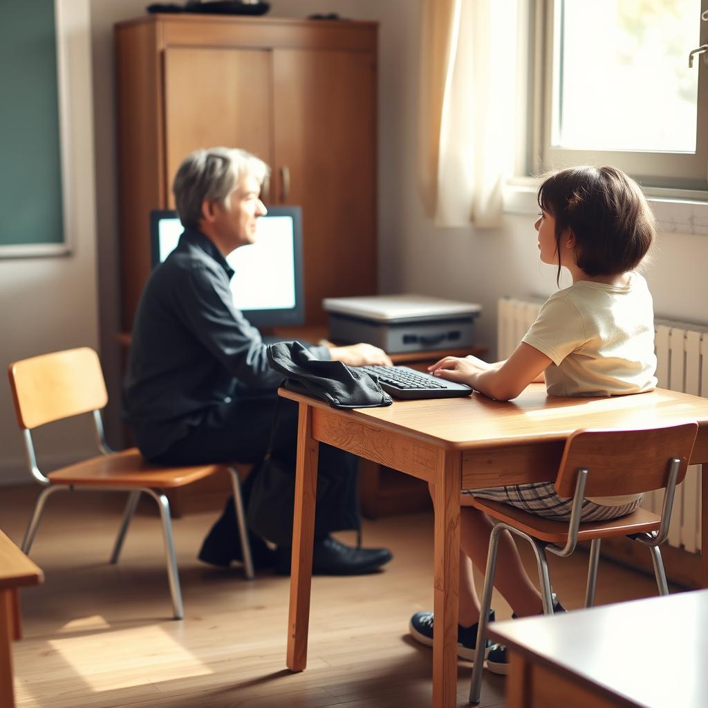 A cozy classroom scene featuring a teacher sitting at a small wooden table, with a backpack resting on the table