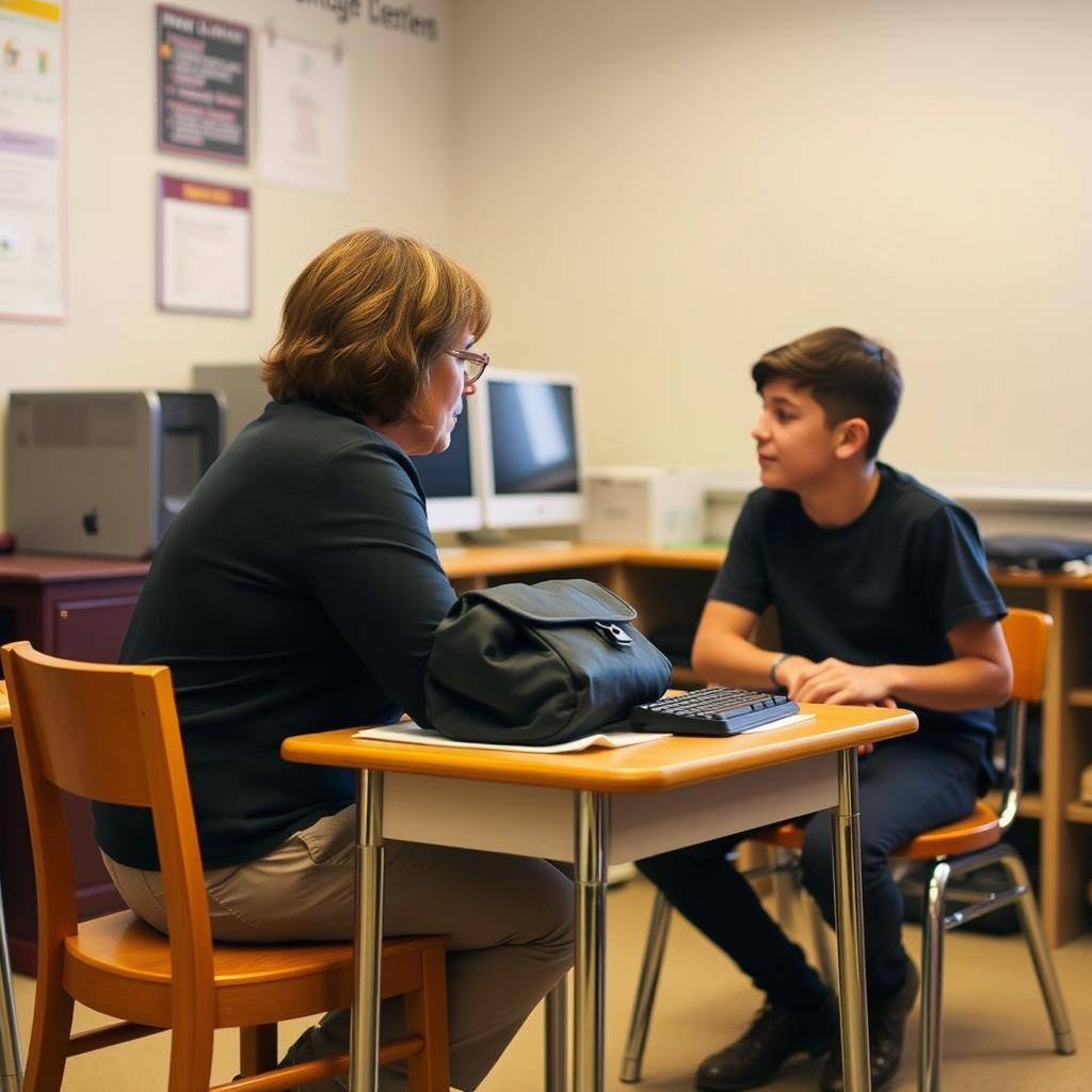 A classroom scene featuring a teacher sitting at a small table with a bag on it