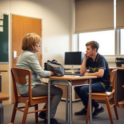 A classroom scene featuring a teacher sitting at a small table with a bag on it