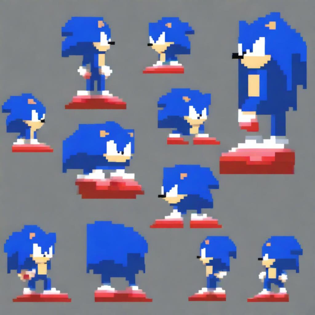 A chilling pixel art sprite sheet of an evil Sonic the Hedgehog, styled in the distinctive aesthetic of Friday Night Funkin'