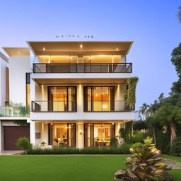 A beautifully designed duplex home with modern architecture, large glass windows, a spacious balcony, and lush green lawns.