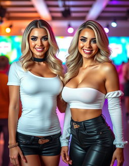 Two sexy and confident Arab blonde slim bimbo women, both aged 30, displaying their enormous silicon boobs