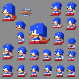 A chilling pixel art sprite sheet of an evil Sonic the Hedgehog, styled in the distinctive aesthetic of Friday Night Funkin'