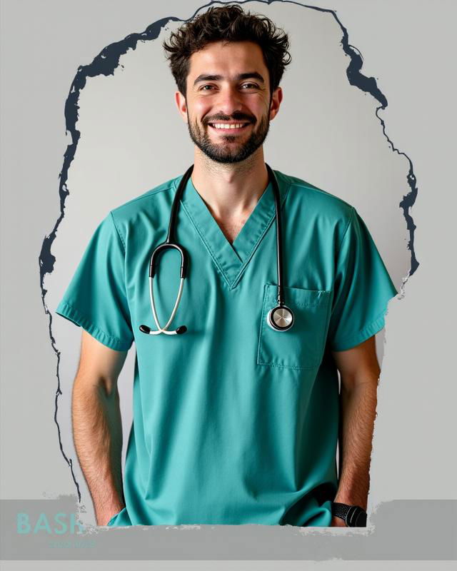 A man wearing a vibrant scrub top with various colorful designs featuring animals like dogs and cats, as well as veterinary symbols like scissors and medical icons