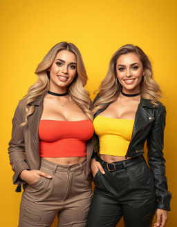 Two sexy and confident Arab blonde slim bimbo women, both aged 21, showcasing their enormous silicon boobs
