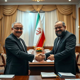 A formal scene depicting Masoud Pezeshkian and Ebrahim Raisi shaking hands with smiles on their faces