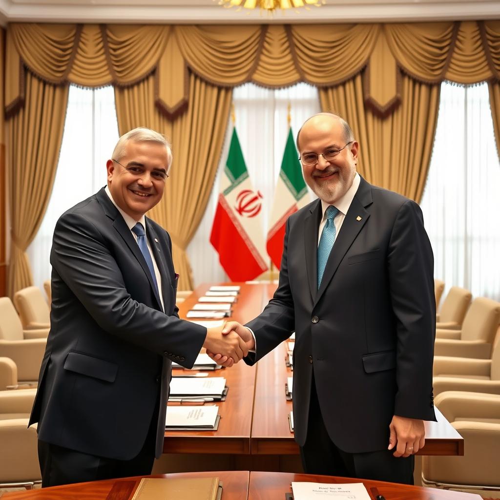 A formal scene depicting Masoud Pezeshkian and Ebrahim Raisi shaking hands with smiles on their faces