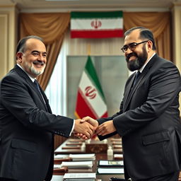 A formal scene depicting Masoud Pezeshkian and Ebrahim Raisi shaking hands with smiles on their faces