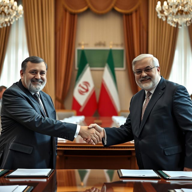 A formal scene depicting Masoud Pezeshkian and Ebrahim Raisi shaking hands with smiles on their faces