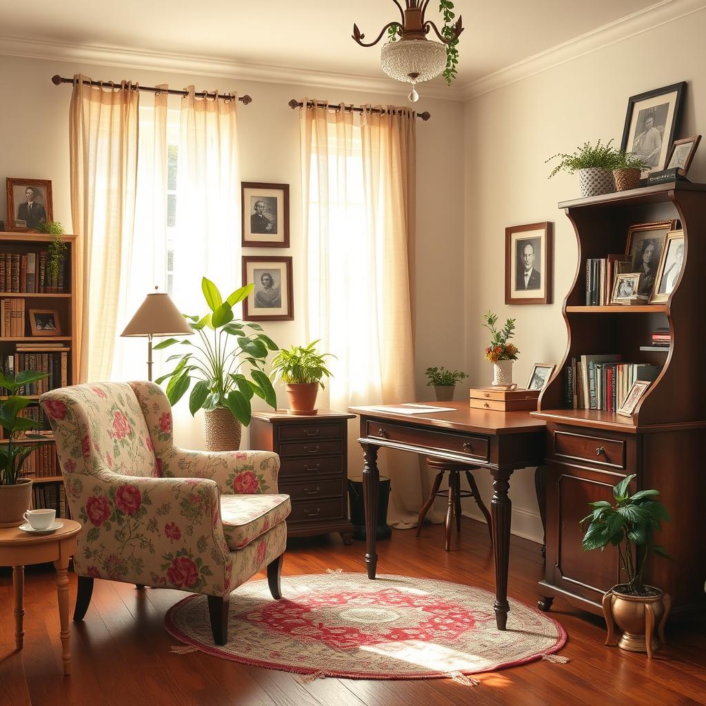 A cozy office space designed for a sweet and stylish grandmother, featuring vintage furniture such as a floral-patterned armchair, an antique wooden desk, and a bookshelf filled with classic novels and decorative knick-knacks