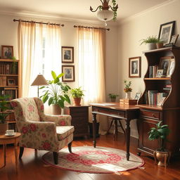 A cozy office space designed for a sweet and stylish grandmother, featuring vintage furniture such as a floral-patterned armchair, an antique wooden desk, and a bookshelf filled with classic novels and decorative knick-knacks