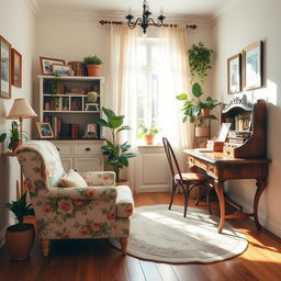 A cozy office space designed for a sweet and stylish grandmother, featuring vintage furniture such as a floral-patterned armchair, an antique wooden desk, and a bookshelf filled with classic novels and decorative knick-knacks