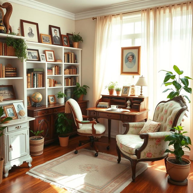 A cozy office space designed for a sweet and stylish grandmother, featuring vintage furniture such as a floral-patterned armchair, an antique wooden desk, and a bookshelf filled with classic novels and decorative knick-knacks