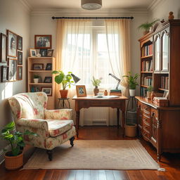 A cozy office space designed for a sweet and stylish grandmother, featuring vintage furniture such as a floral-patterned armchair, an antique wooden desk, and a bookshelf filled with classic novels and decorative knick-knacks