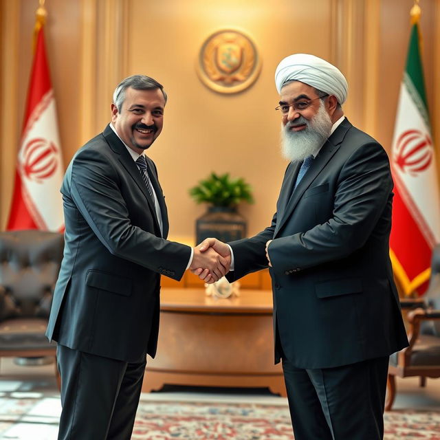 A scene depicting Masoud Pezeshkian shaking hands with Ebrahim Raisi in a formal setting