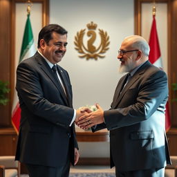 A scene depicting Masoud Pezeshkian shaking hands with Ebrahim Raisi in a formal setting