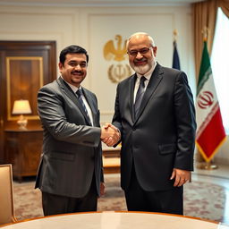 A scene depicting Masoud Pezeshkian shaking hands with Ebrahim Raisi in a formal setting