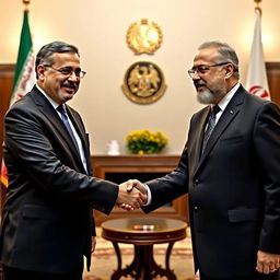 A scene depicting Masoud Pezeshkian shaking hands with Ebrahim Raisi in a formal setting