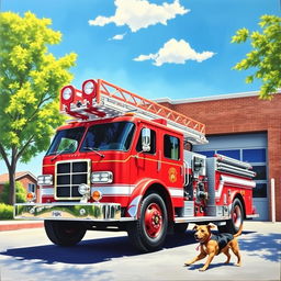 A vibrant and detailed painting of a classic fire truck, painted bright red with gleaming chrome accents