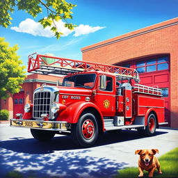 A vibrant and detailed painting of a classic fire truck, painted bright red with gleaming chrome accents