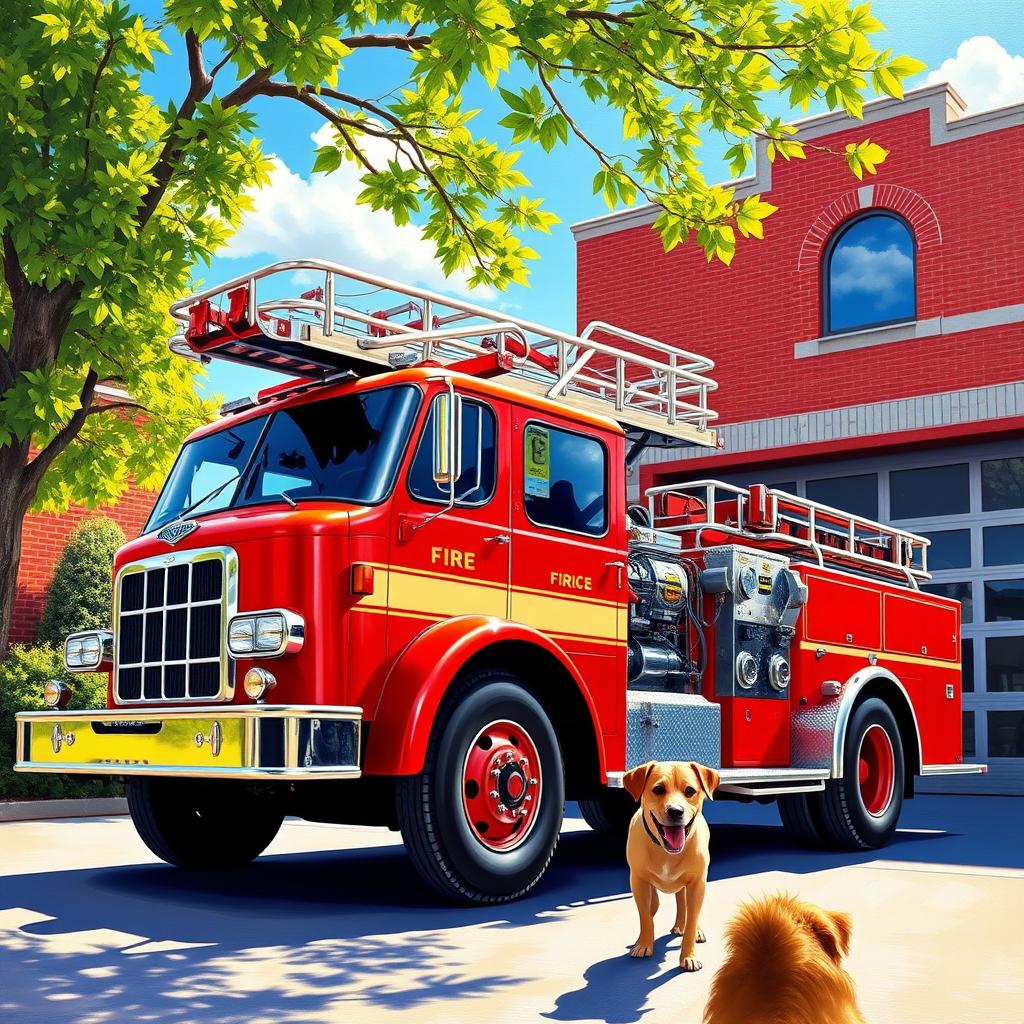 A vibrant and detailed painting of a classic fire truck, painted bright red with gleaming chrome accents