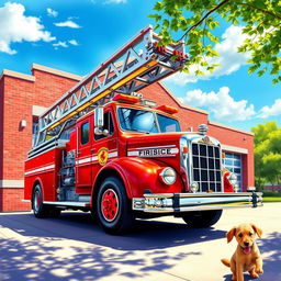 A vibrant and detailed painting of a classic fire truck, painted bright red with gleaming chrome accents
