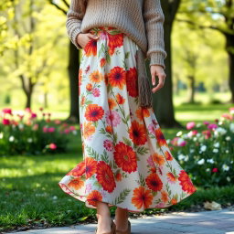 A stylish person wearing a flowy granny skirt, featuring a vibrant floral print, paired with a cozy knitted sweater