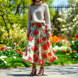 A stylish person wearing a flowy granny skirt, featuring a vibrant floral print, paired with a cozy knitted sweater