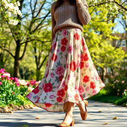 A stylish person wearing a flowy granny skirt, featuring a vibrant floral print, paired with a cozy knitted sweater