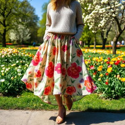 A stylish person wearing a flowy granny skirt, featuring a vibrant floral print, paired with a cozy knitted sweater