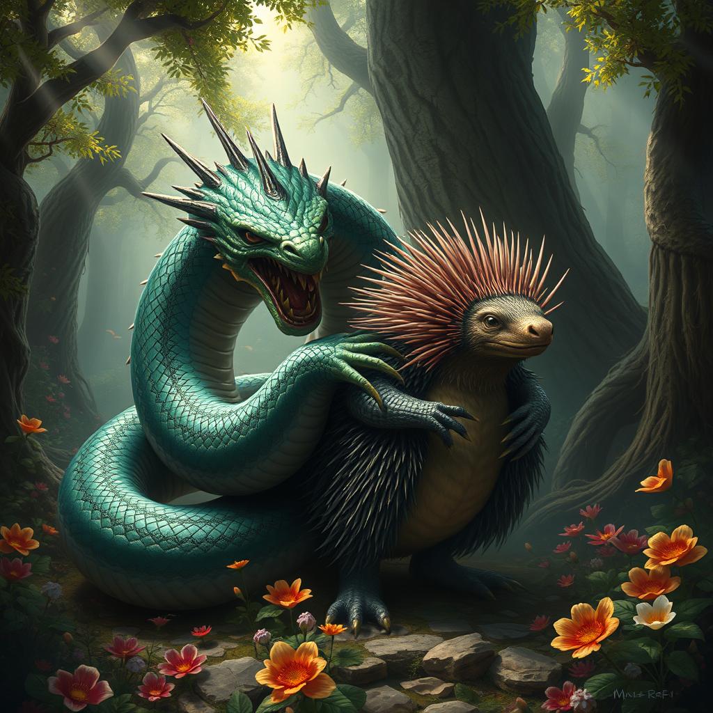 A mythical scene depicting a powerful Wurm entwined around the figure of a majestic Echidna, showcasing dynamic poses and intricate details
