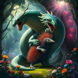 A mythical scene depicting a powerful Wurm entwined around the figure of a majestic Echidna, showcasing dynamic poses and intricate details