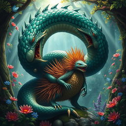 A mythical scene depicting a powerful Wurm entwined around the figure of a majestic Echidna, showcasing dynamic poses and intricate details